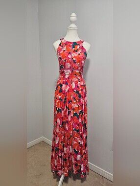 Sleeveless Floral Maxi Dress in Vibrant Coral Pink